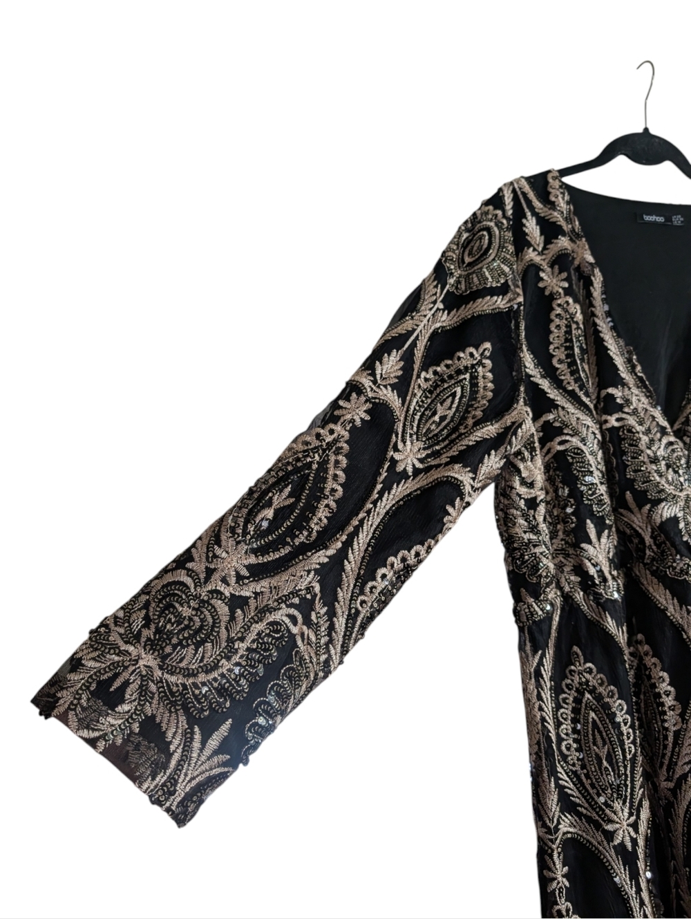 Boohoo Sequin Embroidered Mini Dress Black Gold Plunge Long Sleeve UK 22 US 18 - Picture 4 of 9
